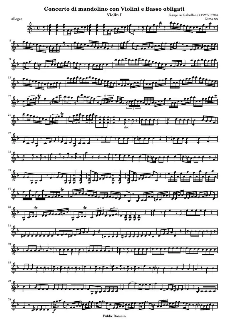 Первая страница нот «Концерт di mandolino con Violini e Basso obligati (Gimo 88) — vln1»