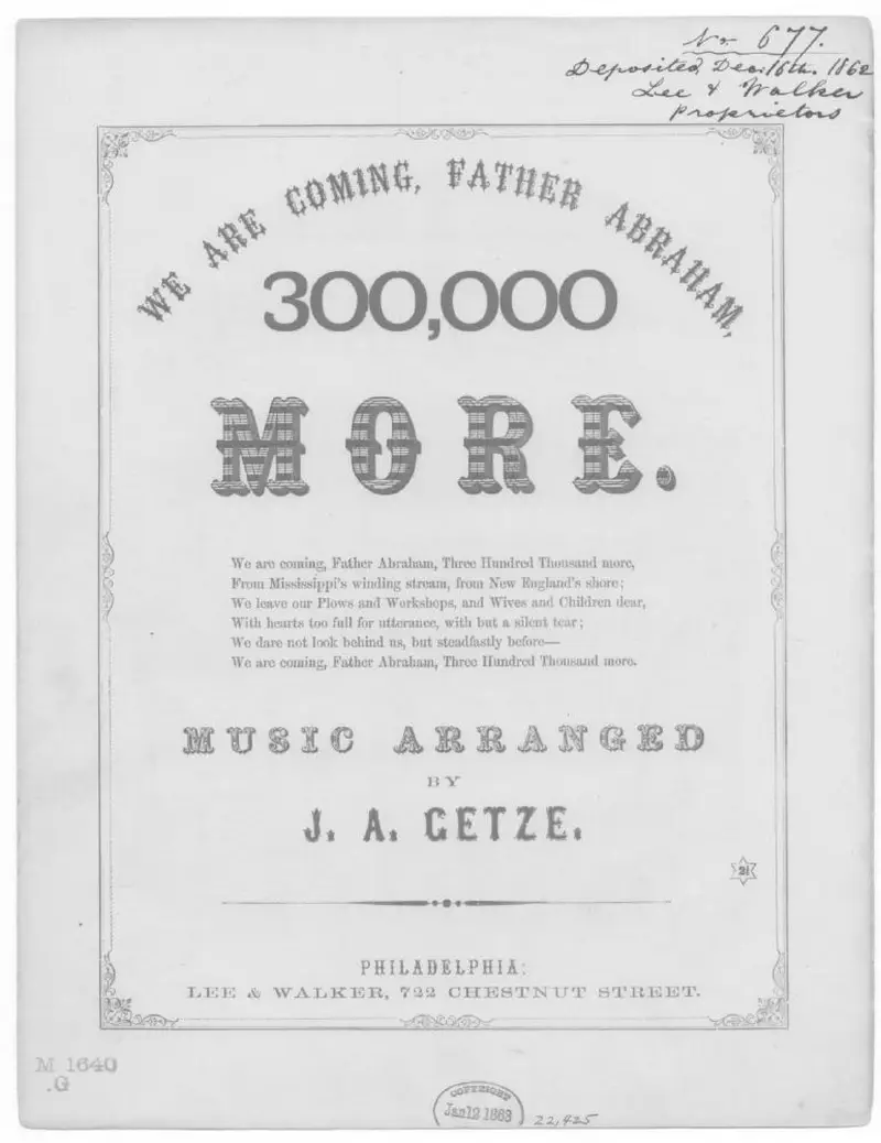 Первая страница нот «We are coming, father Abraham, three hundred thousand more»