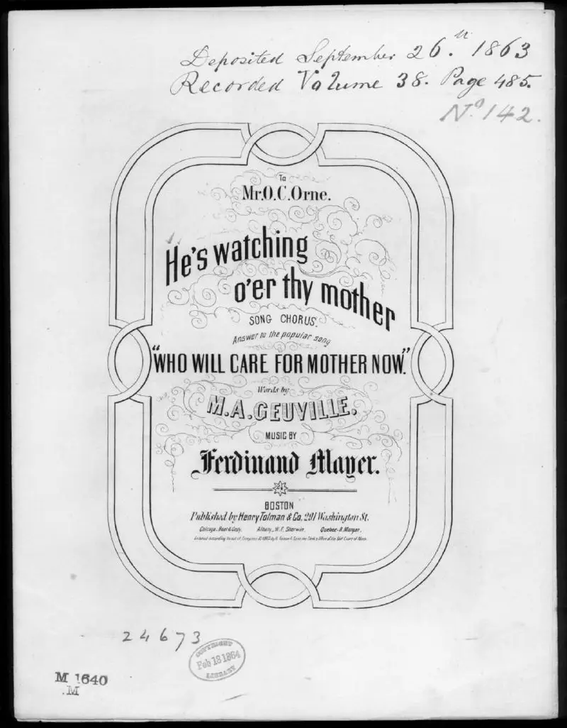 Первая страница нот «He's watching o'er thy mother»