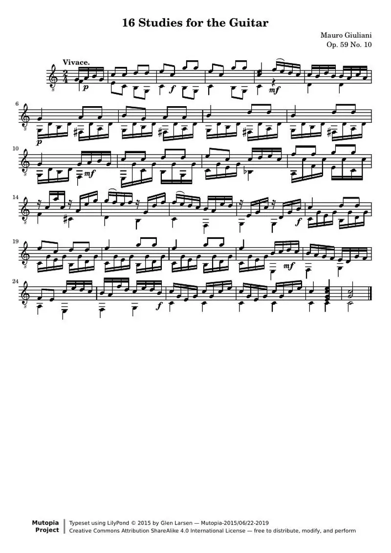 Первая страница нот «16 Этюд for the Guitar: № 10»