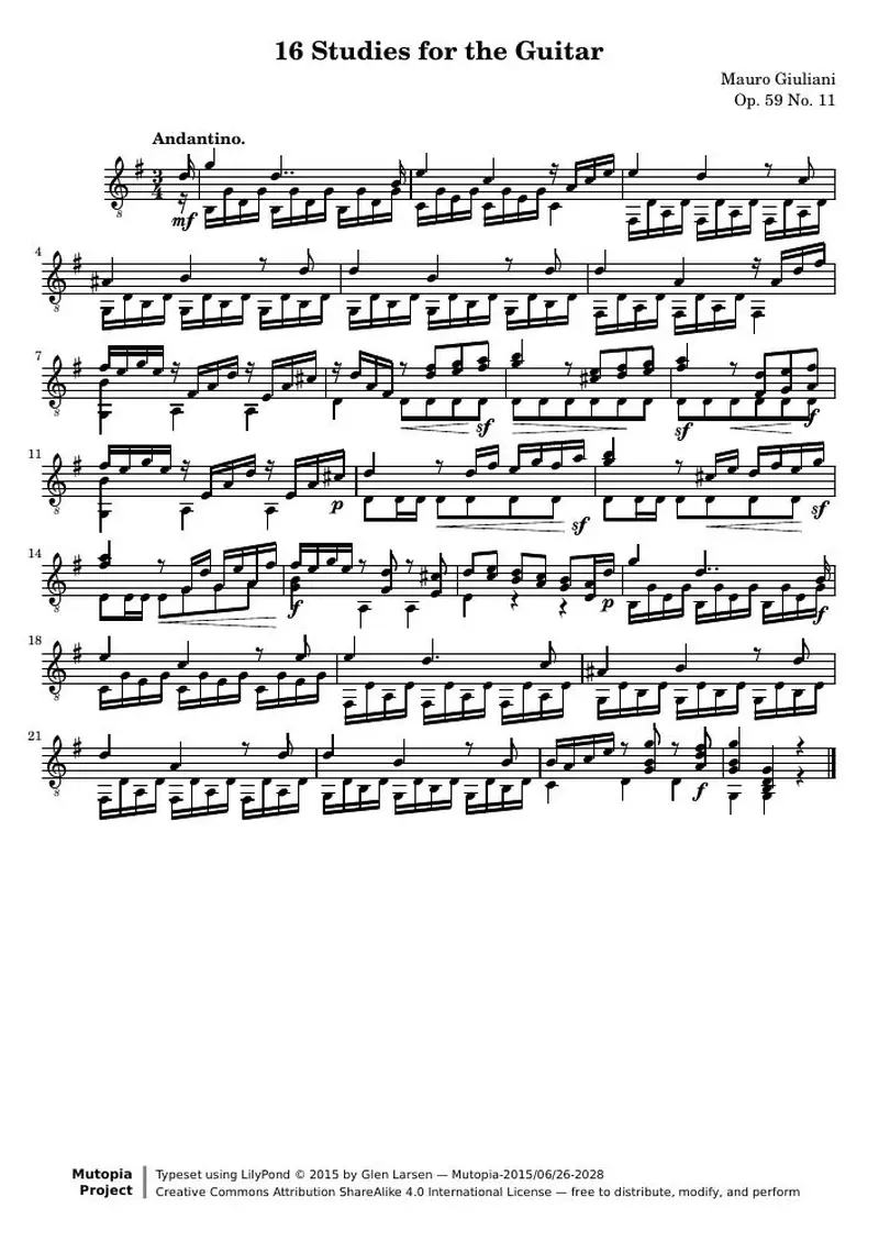 Первая страница нот «16 Этюд for the Guitar: № 11»