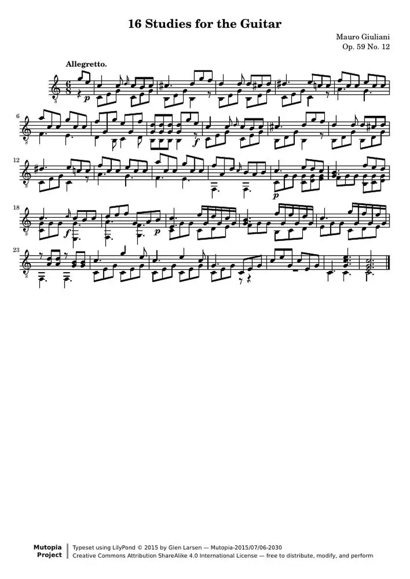 Первая страница нот «16 Этюд for the Guitar: № 12»