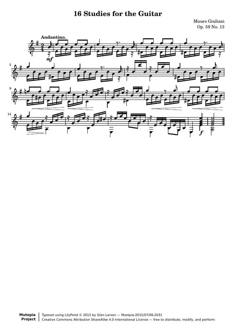 Первая страница нот «16 Этюд for the Guitar: № 13»