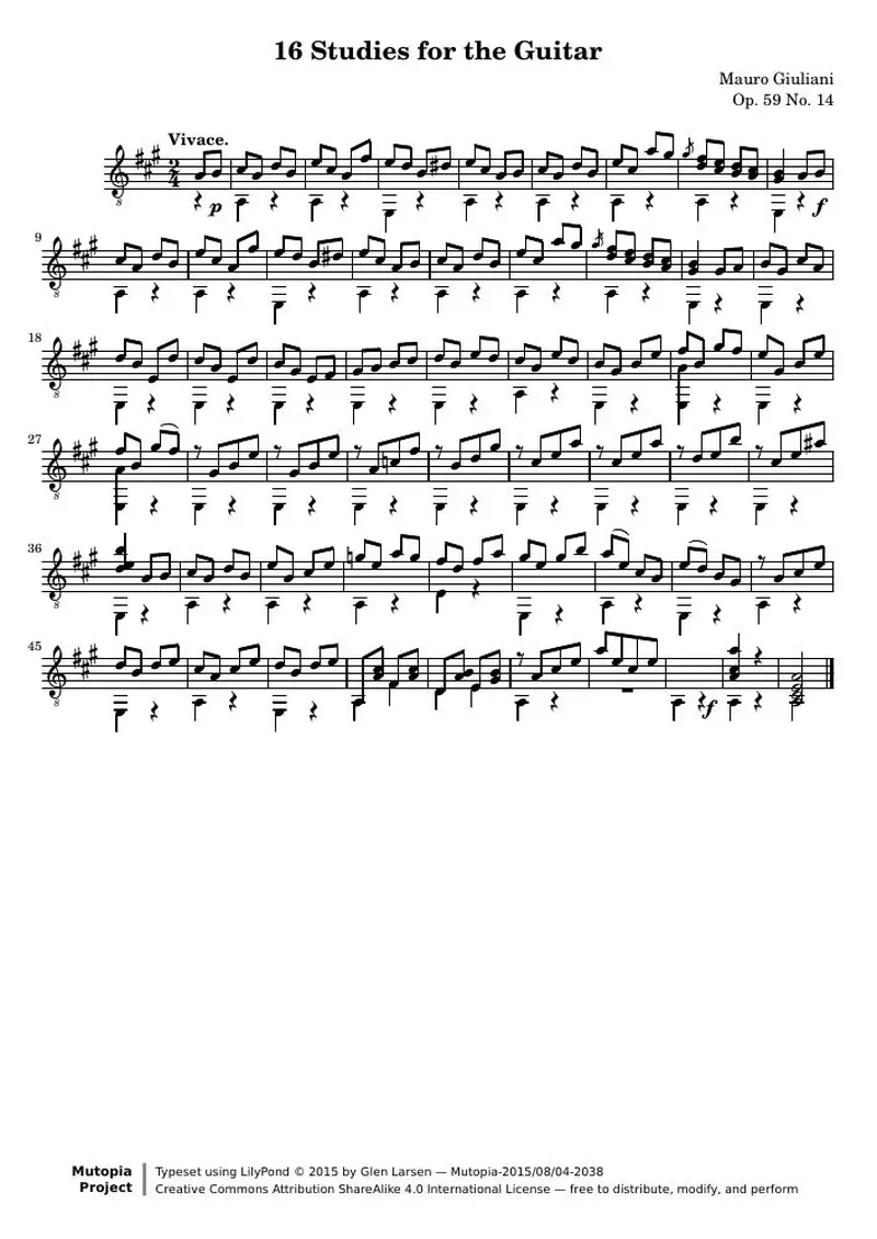 Первая страница нот «16 Этюд for the Guitar: № 14»