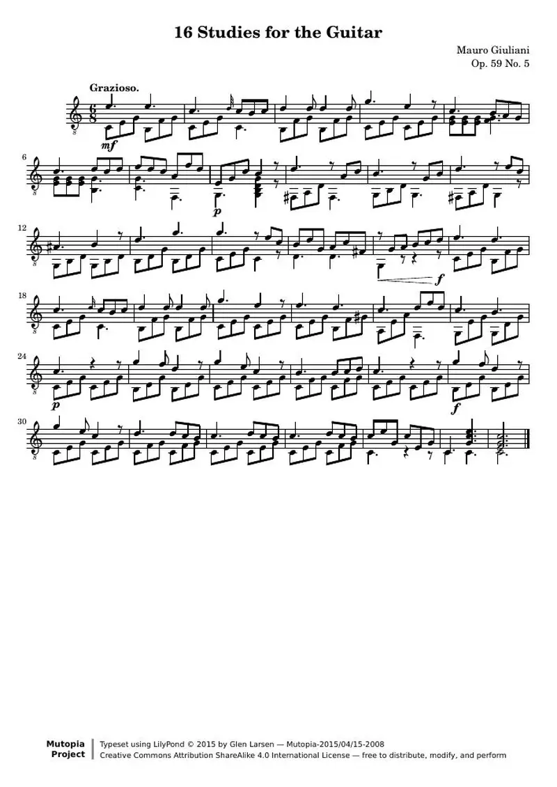 Первая страница нот «16 Этюд for the Guitar: № 5»