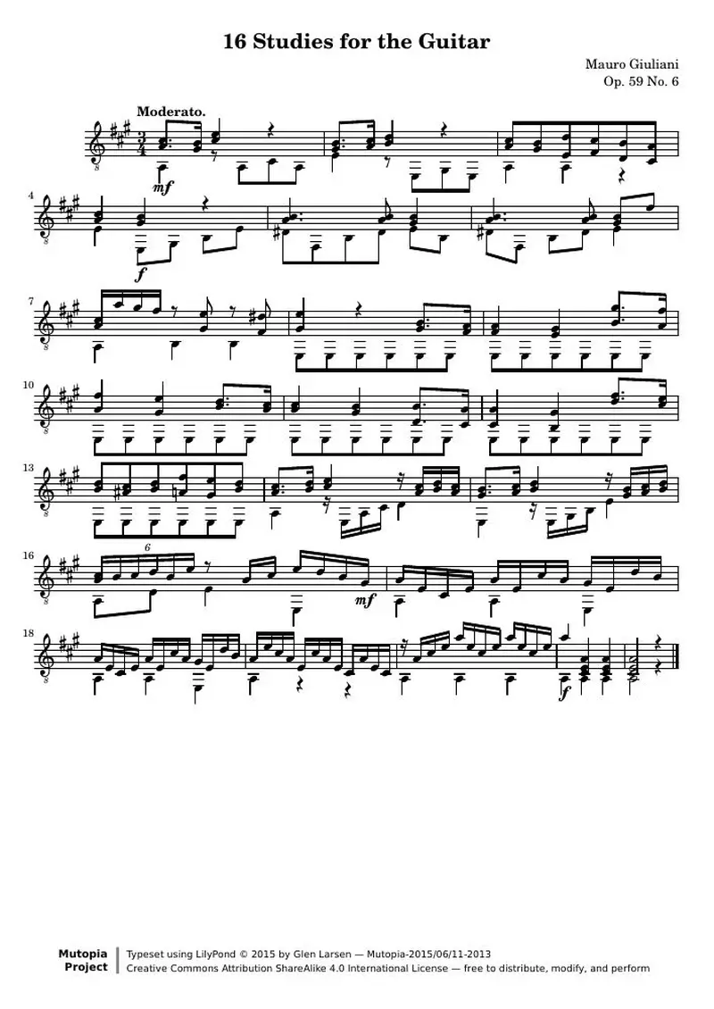 Первая страница нот «16 Этюд for the Guitar: № 6»