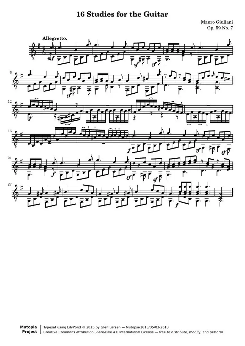 Первая страница нот «16 Этюд for the Guitar: № 7»