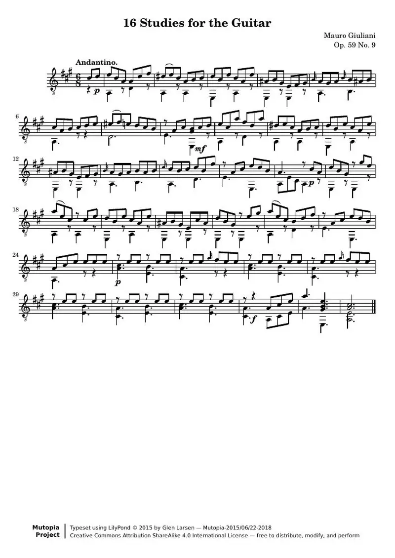 Первая страница нот «16 Этюд for the Guitar: № 9»