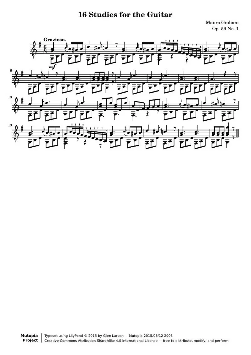Первая страница нот «16 Этюд for the Guitar»