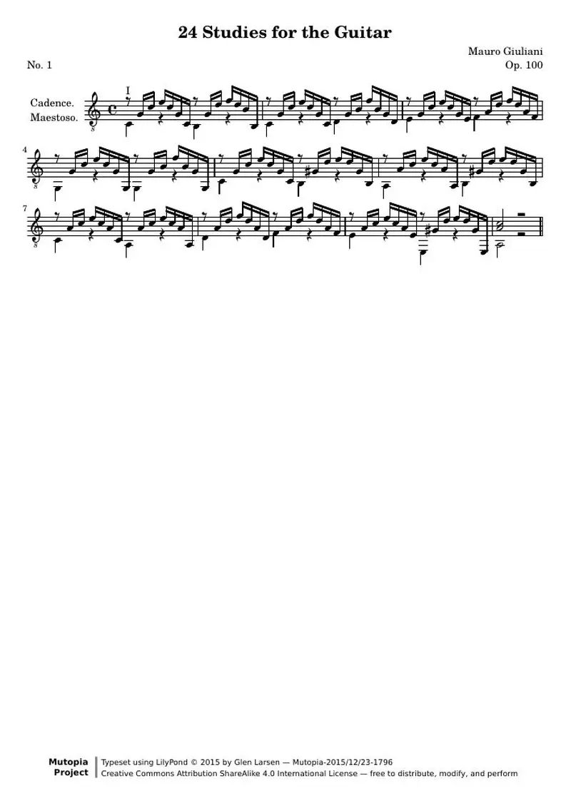 Первая страница нот «24 Этюд for the Guitar, № 1»