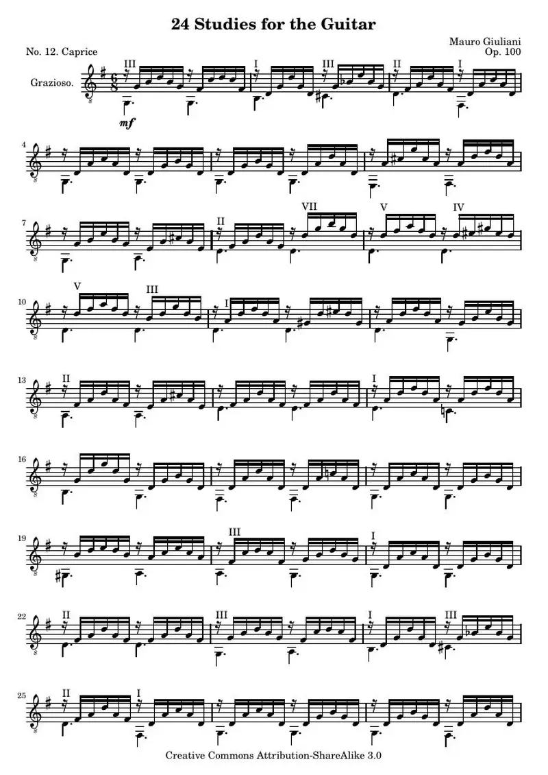 Первая страница нот «24 Этюд for the Guitar, № 12»