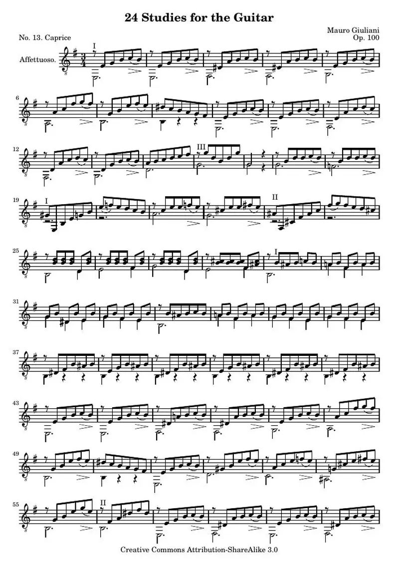 Первая страница нот «24 Этюд for the Guitar, № 13»