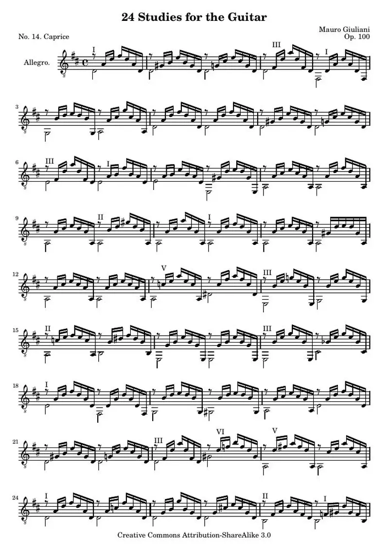 Первая страница нот «24 Этюд for the Guitar, № 14»