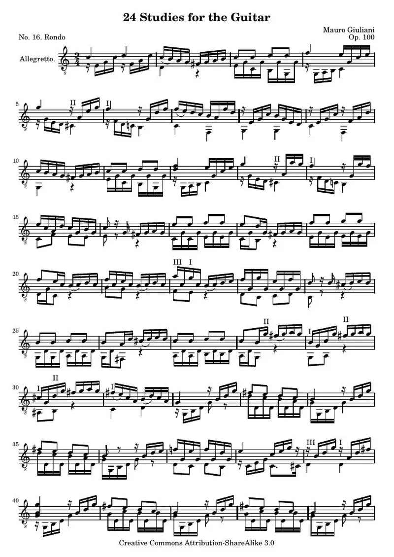 Первая страница нот «24 Этюд for the Guitar, № 16»