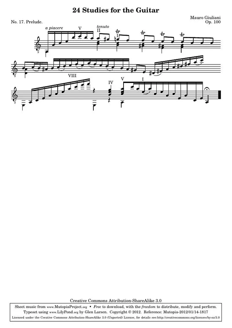 Первая страница нот «24 Этюд for the Guitar, № 17»