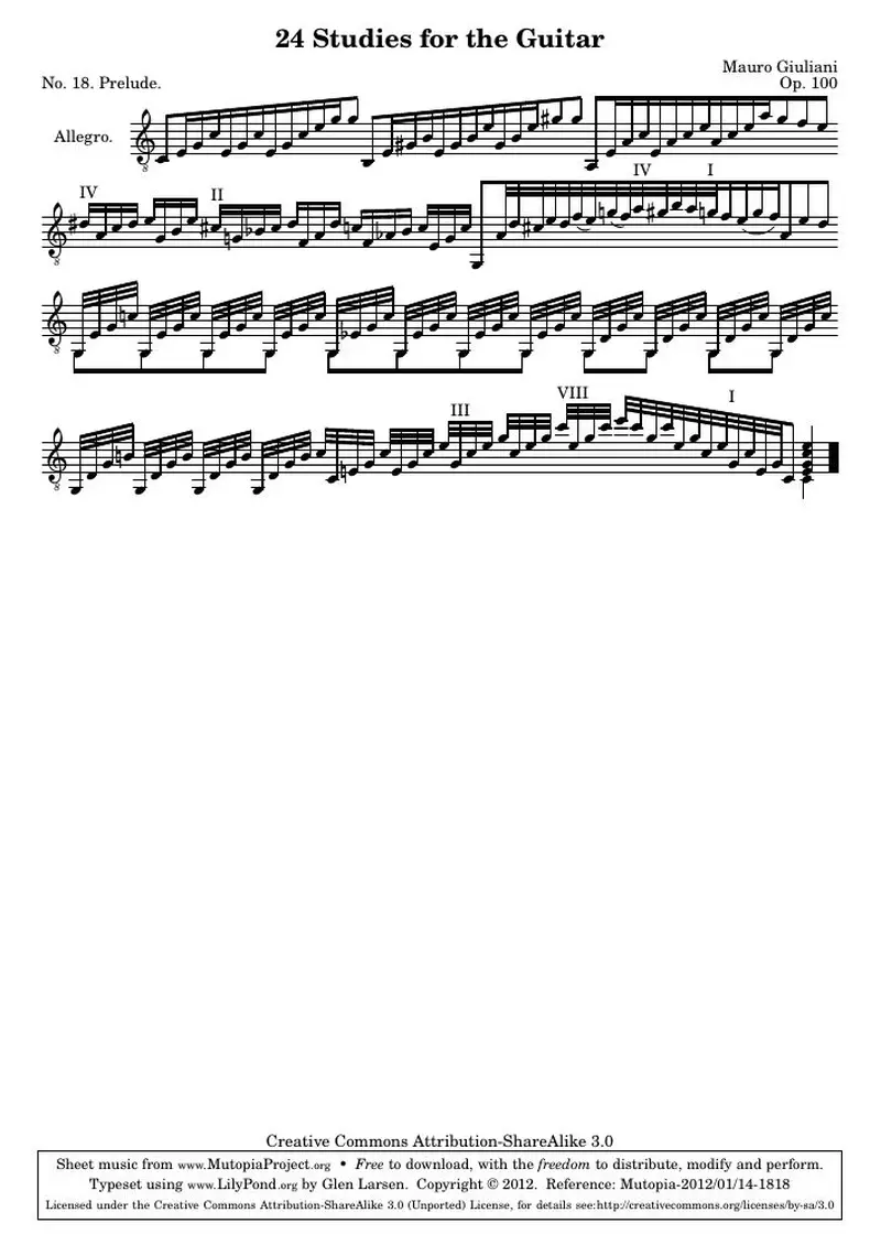 Первая страница нот «24 Этюд for the Guitar, № 18»