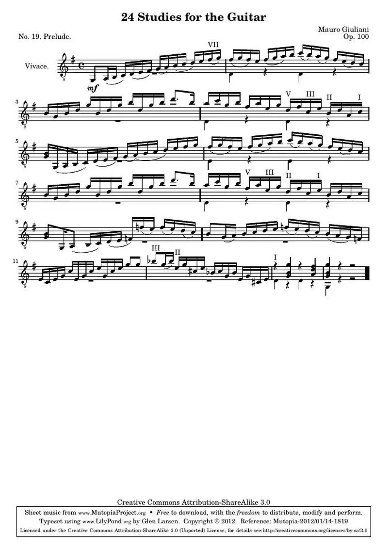 Первая страница нот «24 Этюд for the Guitar, № 19»