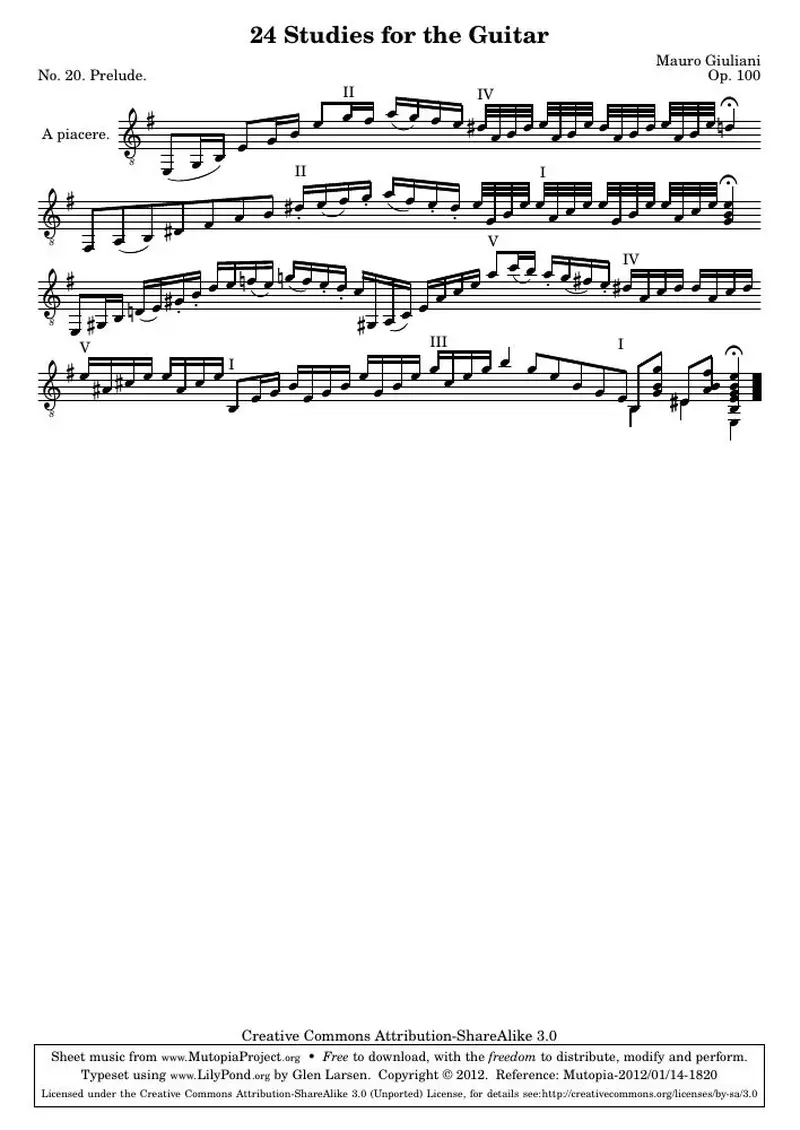 Первая страница нот «24 Этюд for the Guitar, № 20»
