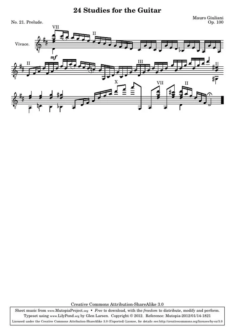 Первая страница нот «24 Этюд for the Guitar, № 21»