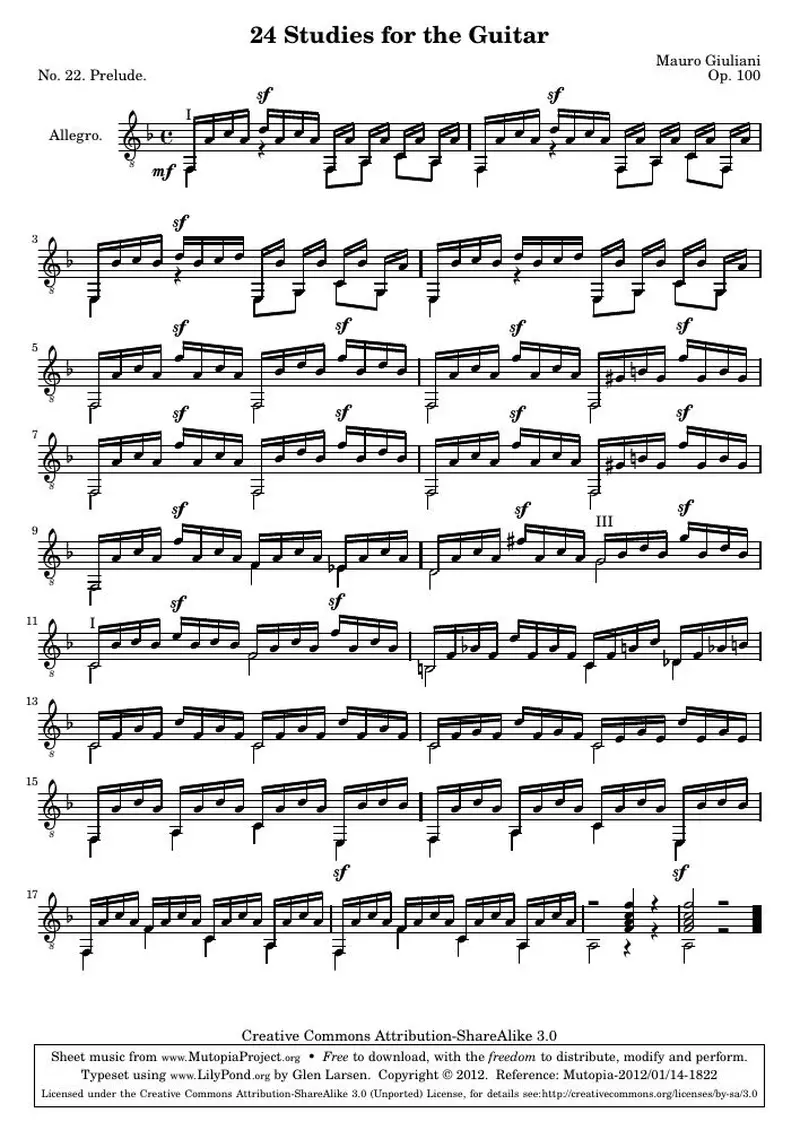 Первая страница нот «24 Этюд for the Guitar, № 22»