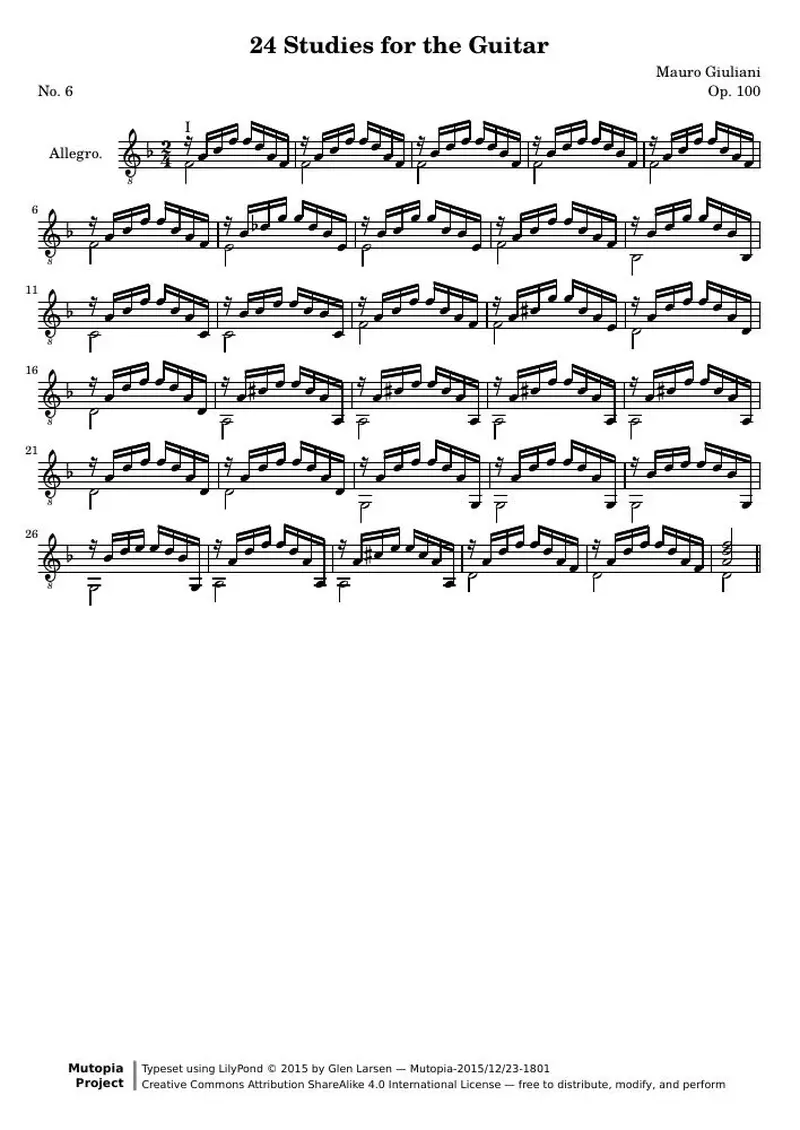 Первая страница нот «24 Этюд for the Guitar, № 6»