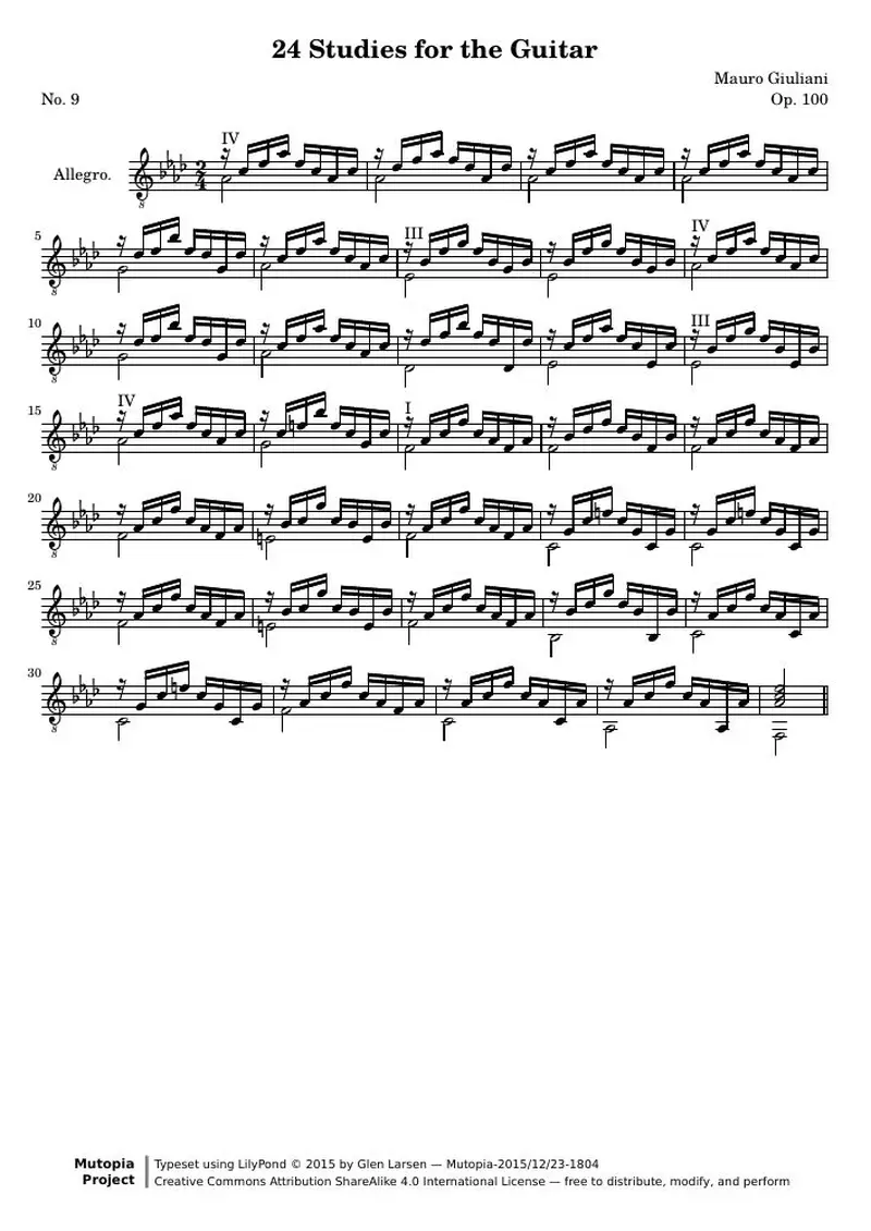 Первая страница нот «24 Этюд for the Guitar, № 9»