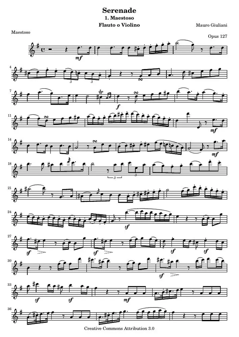 Первая страница нот «Serenade op.127 nr.1: Maestoso (O 127) — giuliani_op127_1_flute»
