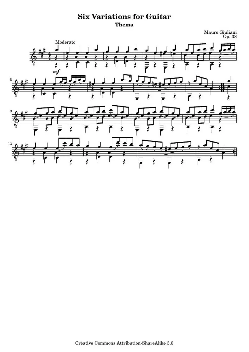 Первая страница нот «Six Вариации for Guitar»