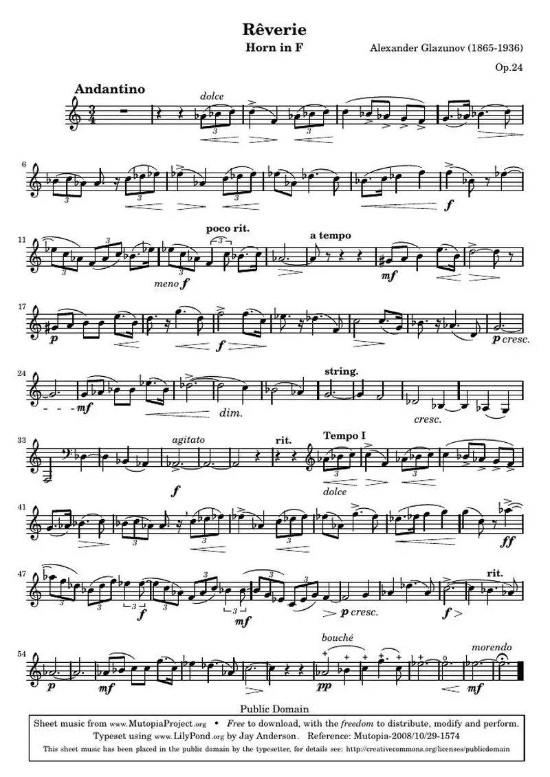 Первая страница нот «Rêverie (соч.24) — Horn»