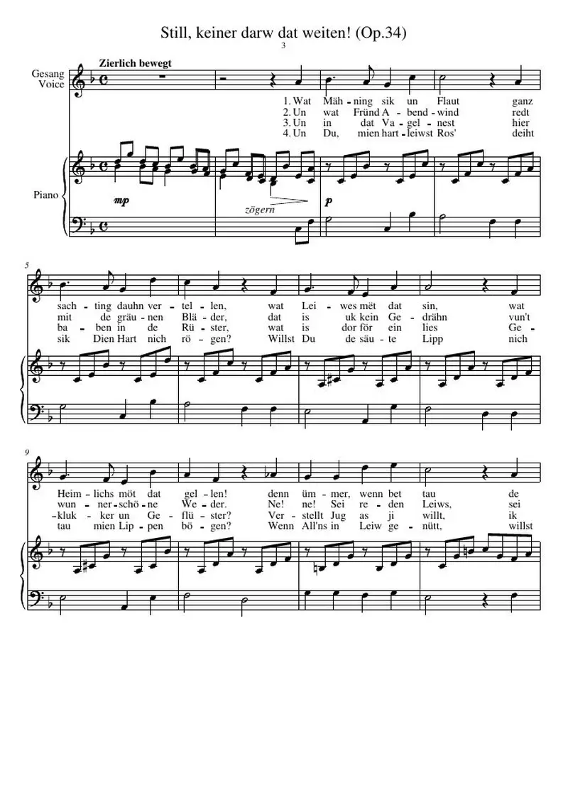 Первая страница нот «Still, keiner darw dat weiten! (соч.34)»