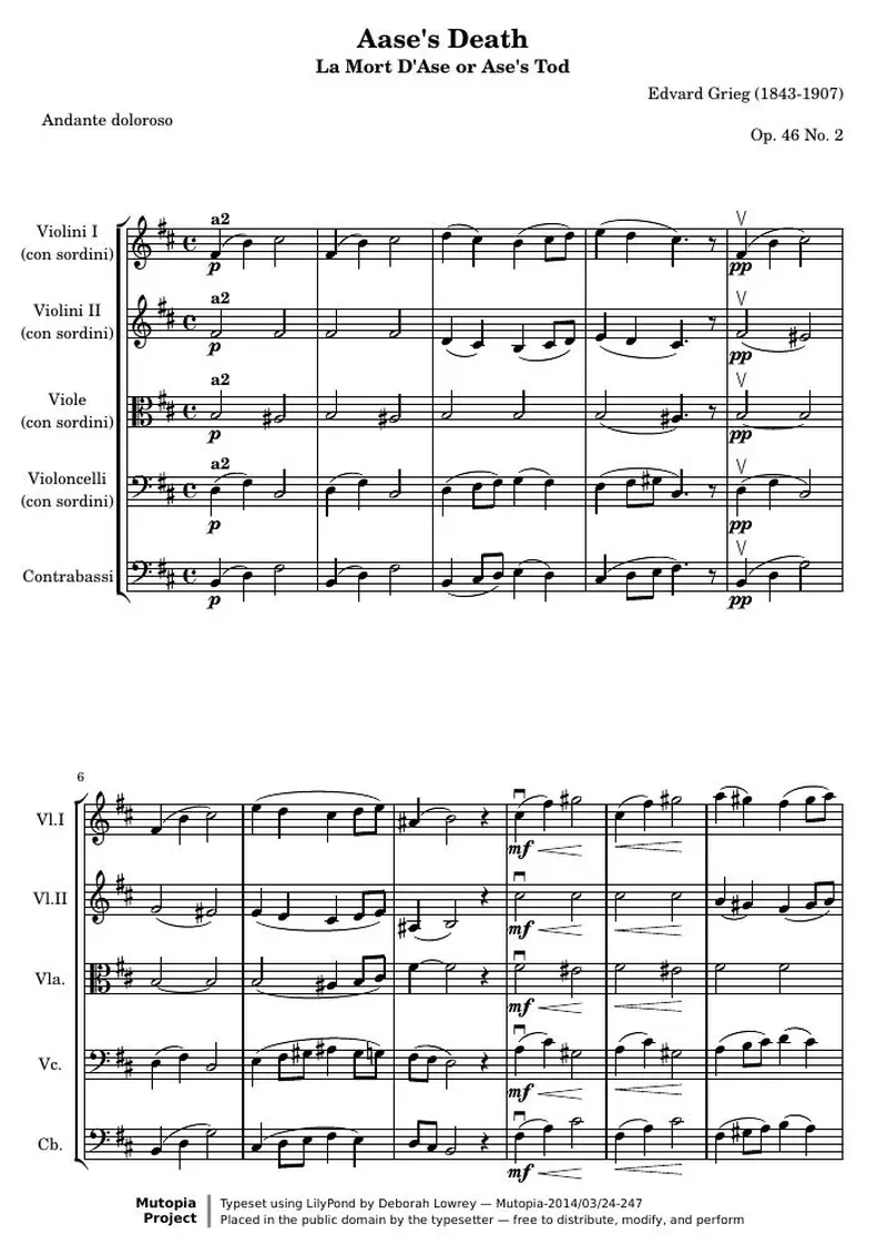 Первая страница нот «Aase's Death from Peer Gynt Сюита I (O 46, № 2) — aasesdeath»