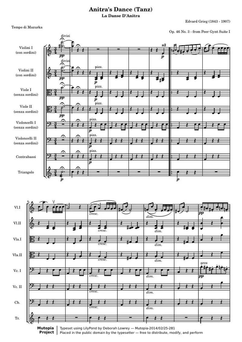 Первая страница нот «Anitra's Танец (Tanz) from Peer Gynt Сюита I (O 46, № 3) — anitrasТанец»