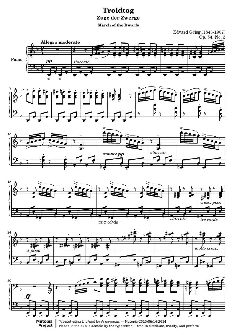 Первая страница нот «Troldtog (Марш of the Dwarfs)»
