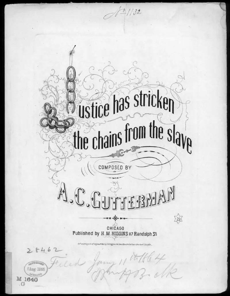 Первая страница нот «Justice has stricken the chains from the slave»