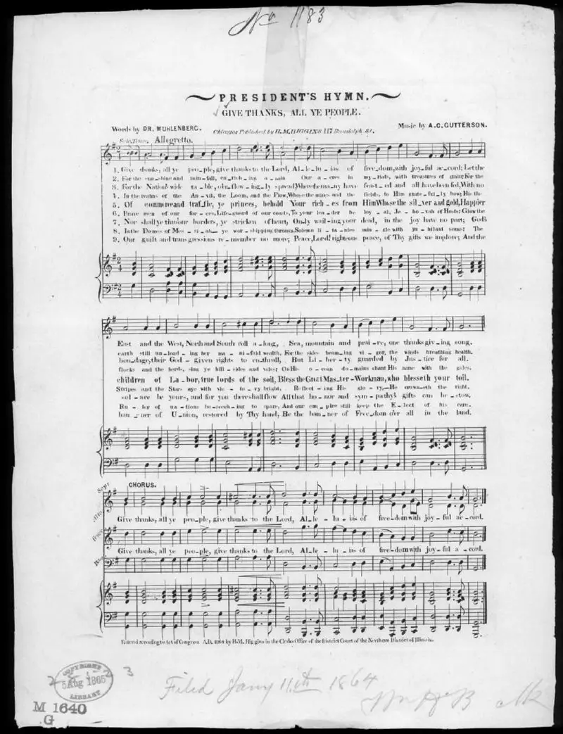 Первая страница нот «President's hymn, gives thanks, all ye people»