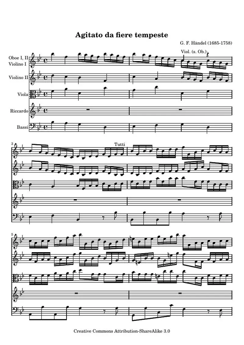 Первая страница нот «Agitato da fiere tempeste , Aria from Riccardo primo»