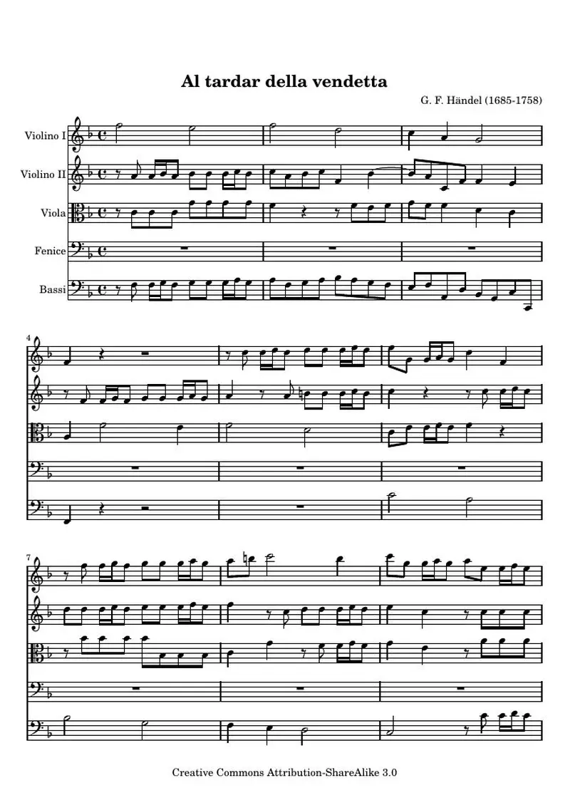 Первая страница нот «Al tardar della vendetta , Aria from Deidamia»
