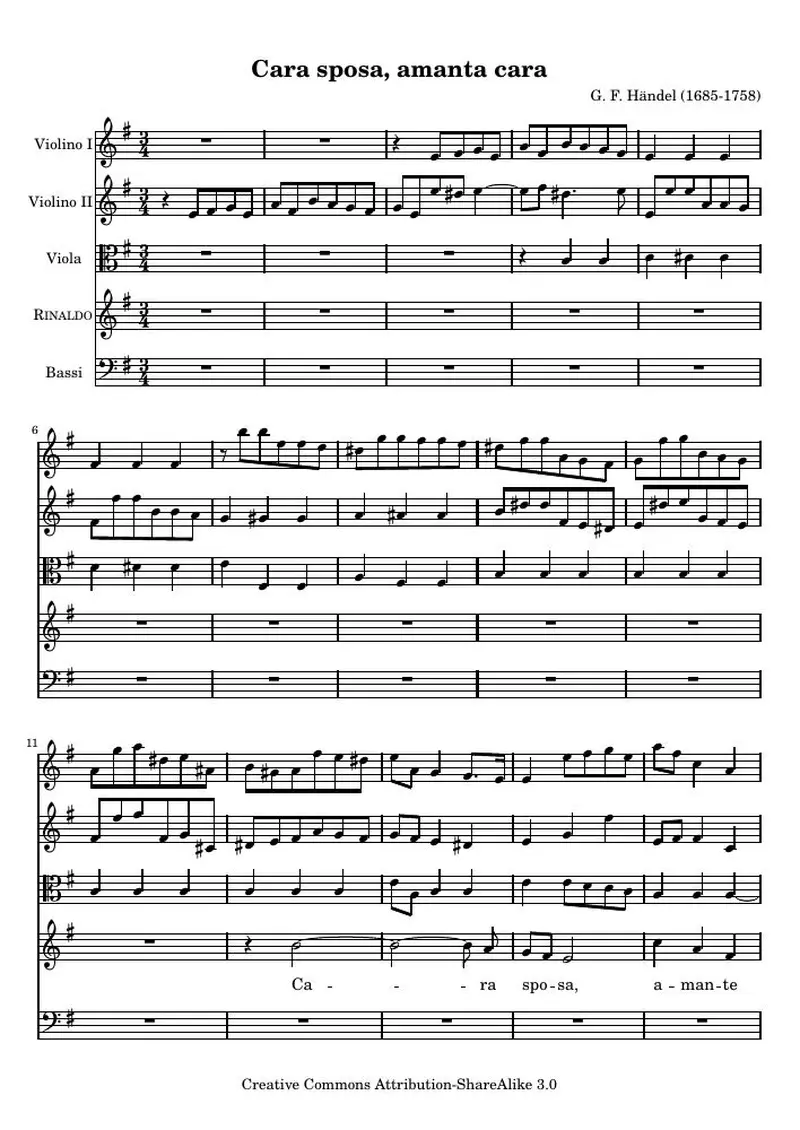 Первая страница нот «Cara sposa, amanta cara , Aria from Rinaldo»