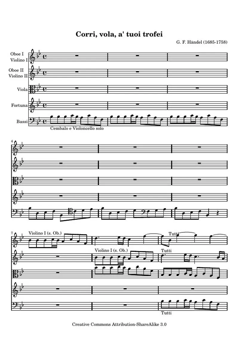 Первая страница нот «Corri, vola, a' tuoi trofei , Aria from Giustino»