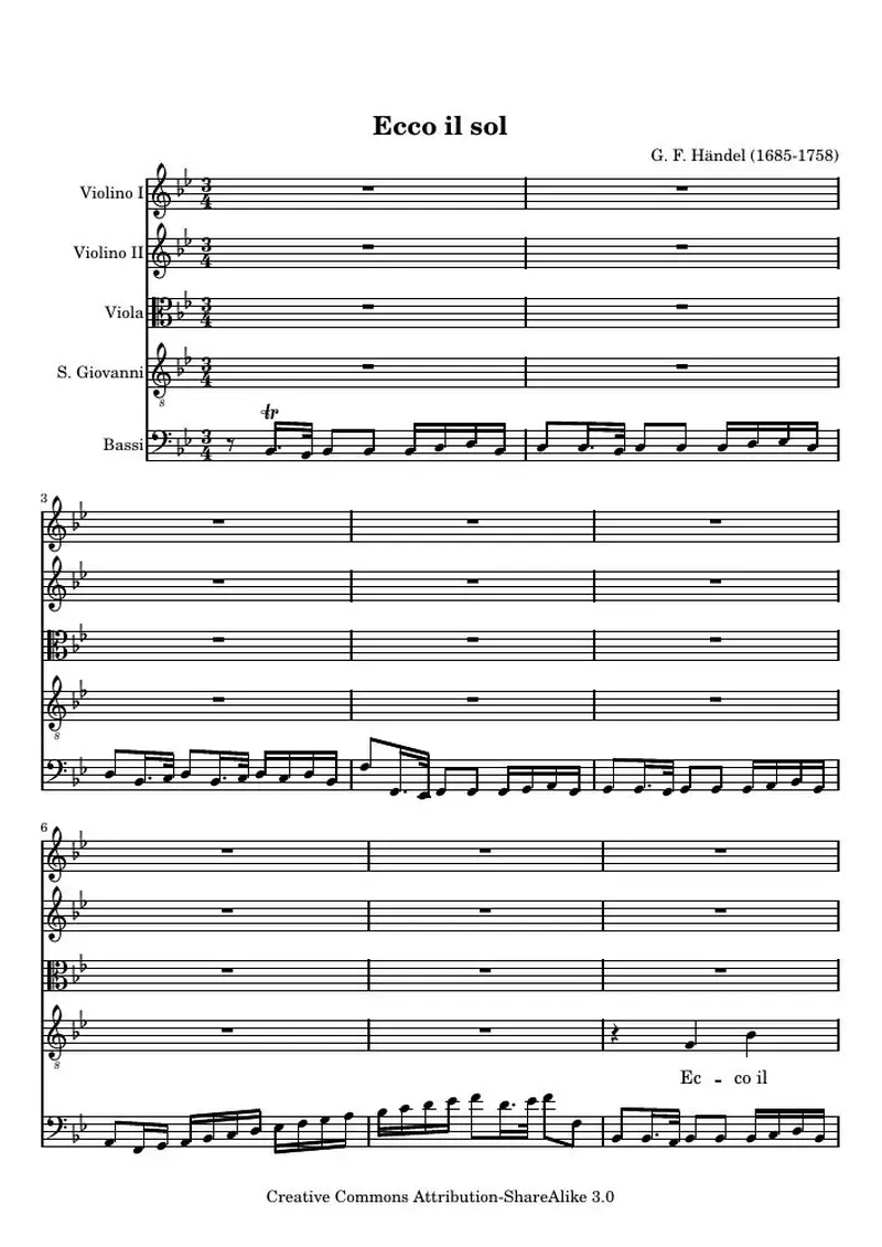 Первая страница нот «Ecco il sol , Aria from La Resurrezione»