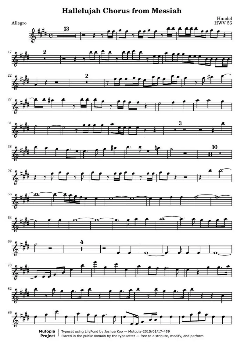 Первая страница нот «Hallelujah Chorus from Messiah (HWV 56) — Bbtrumpet-score»