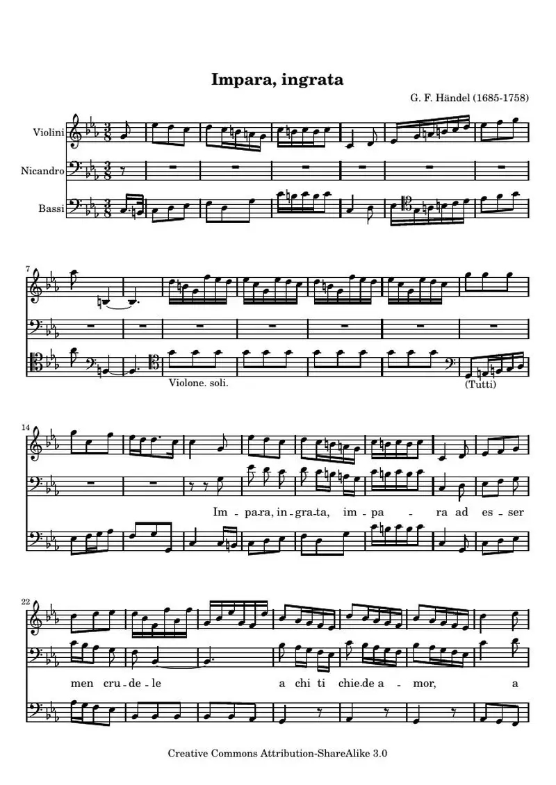Первая страница нот «Impara, ingrata , Aria from Atalanta»