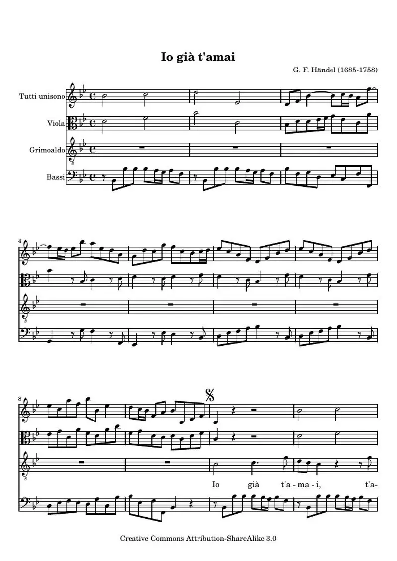 Первая страница нот «Io già t'amai , Aria from Rodelinda»