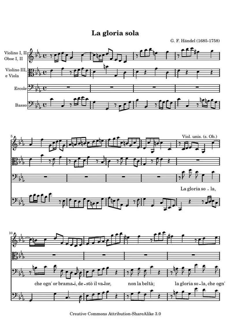 Первая страница нот «La gloria sola , Aria from Admeto»
