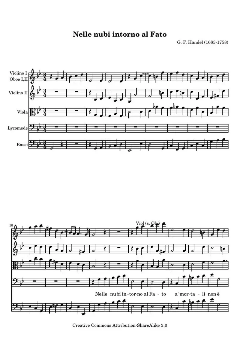Первая страница нот «Nelle nubi intorno al Fato , Aria from Deidamia»