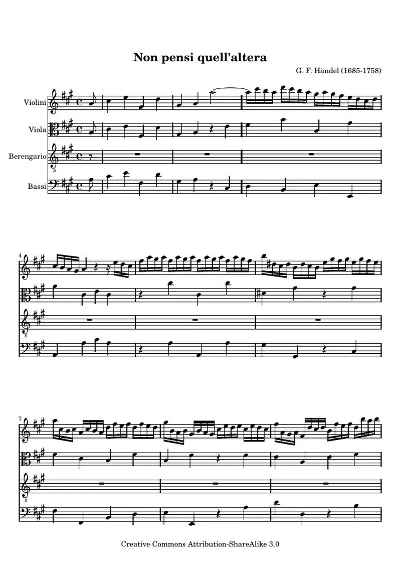 Первая страница нот «Non pensi quell'altera , Aria from Lotario»