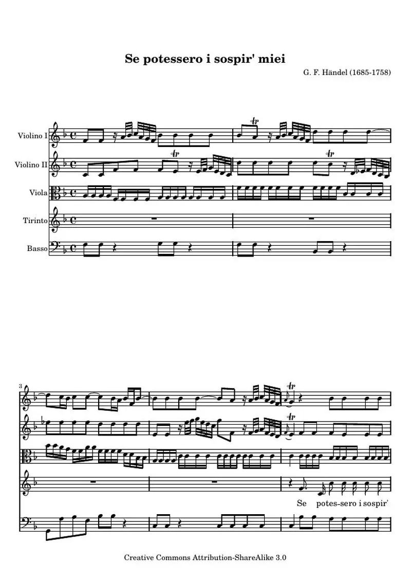 Первая страница нот «Se potessero i sospir' miei , Aria from Imeneo»