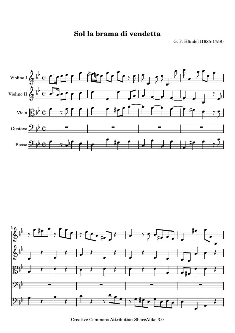 Первая страница нот «Sol la brama di vendetta , Aria from Faramondo»