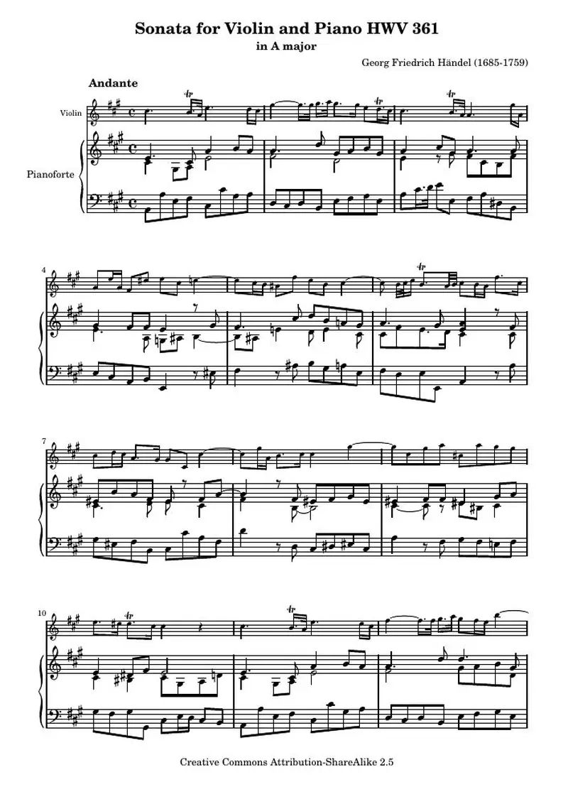 Первая страница нот «Соната for Violin and Piano HWV 361 (HWV 361) — HWV361-score»