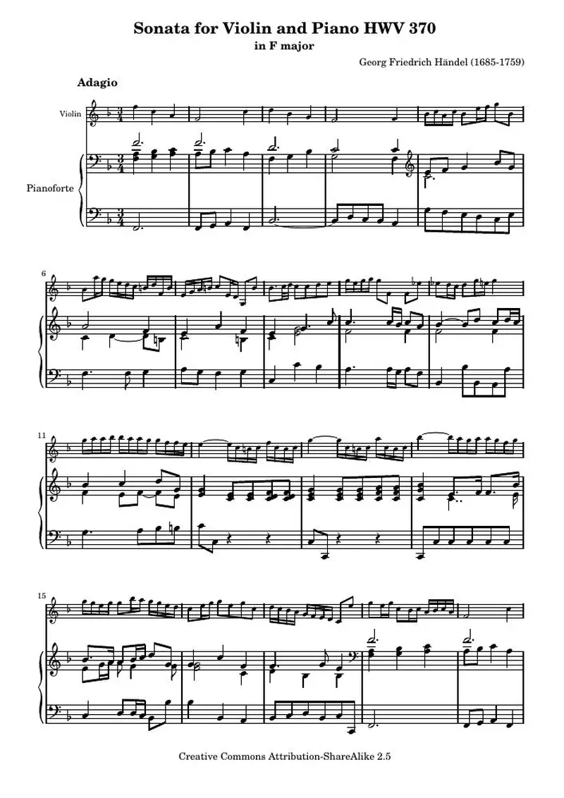 Первая страница нот «Соната for Violin and Piano HWV 370 (HWV 370) — HWV370-score»